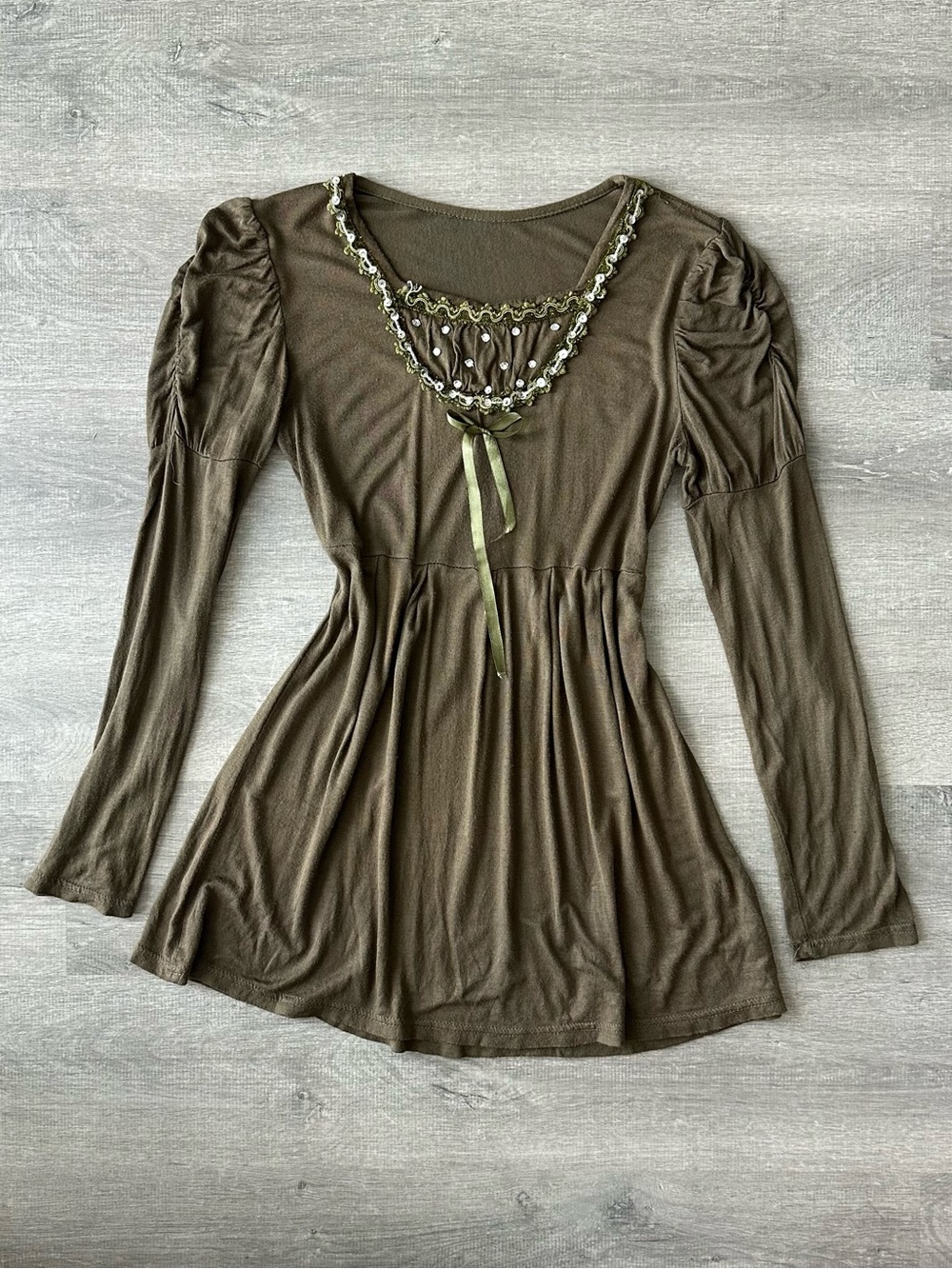Women's Olive Green Long-Sleeve Peplum Top with Ribbon Detail Babydoll Blouse